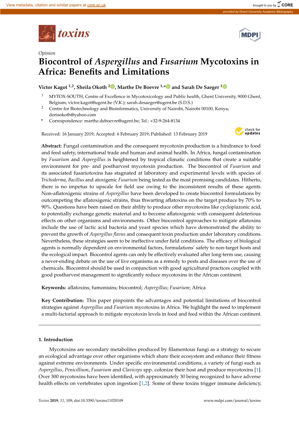 Biocontrol of Aspergillus and Fusarium Mycotoxins in Africa: Beneﬁts and Limitations