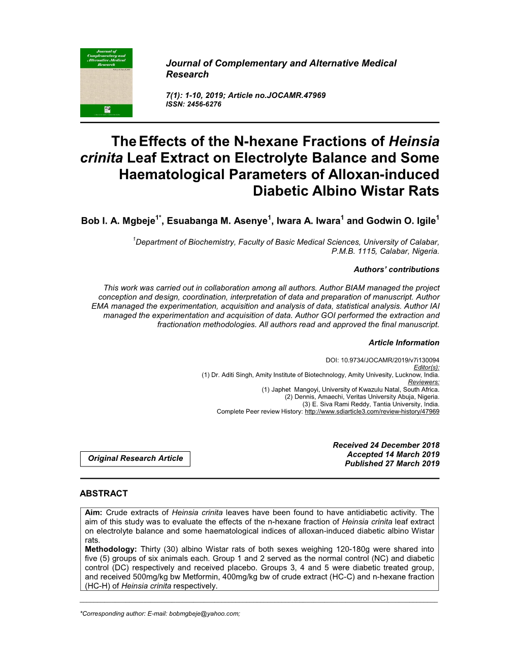 Theeffects of the N-Hexane Fractions of Heinsia Crinita Leaf Extract on Electrolyte Balance and Some Haematological Parameters