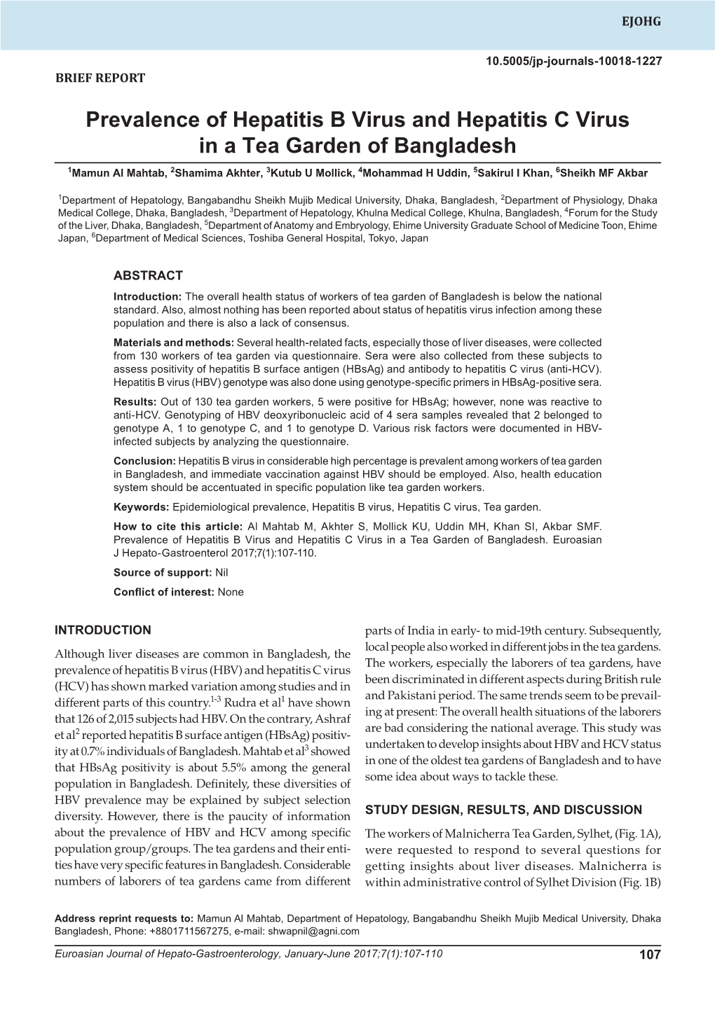 Prevalence of Hepatitis B Virus and Hepatitis C