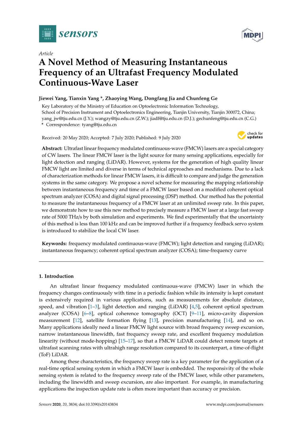 A Novel Method of Measuring Instantaneous Frequency of an Ultrafast Frequency Modulated Continuous-Wave Laser