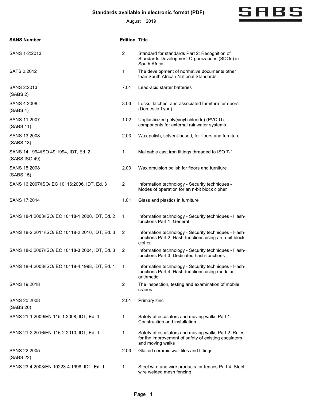 Standards Available in Electronic Format (PDF) Page 1