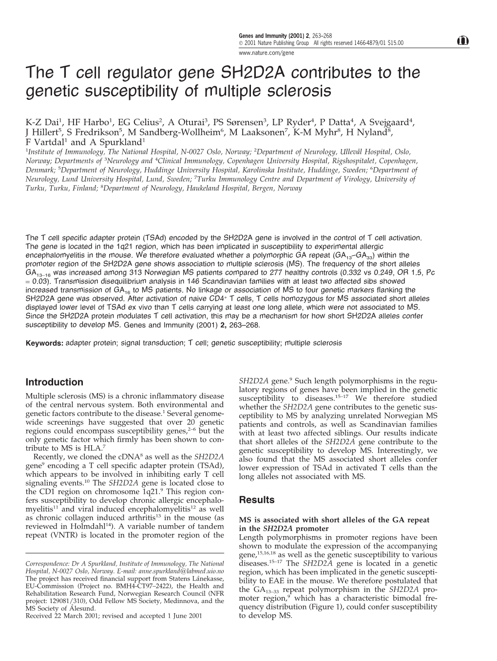 The T Cell Regulator Gene SH2D2A Contributes to the Genetic Susceptibility of Multiple Sclerosis