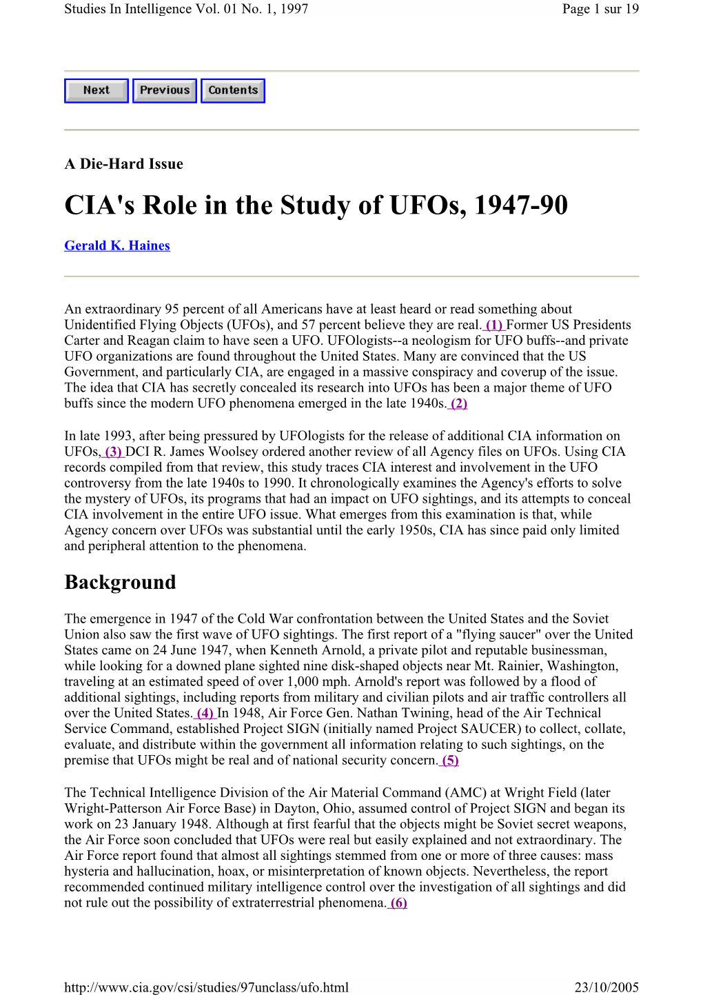 CIA's Role in the Study of Ufos, 1947-90