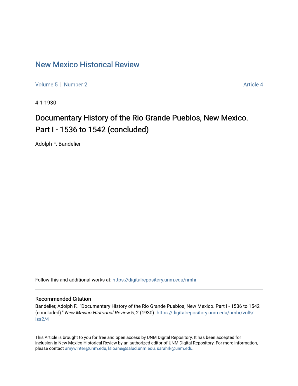 Documentary History of the Rio Grande Pueblos, New Mexico. Part I - 1536 to 1542 (Concluded)