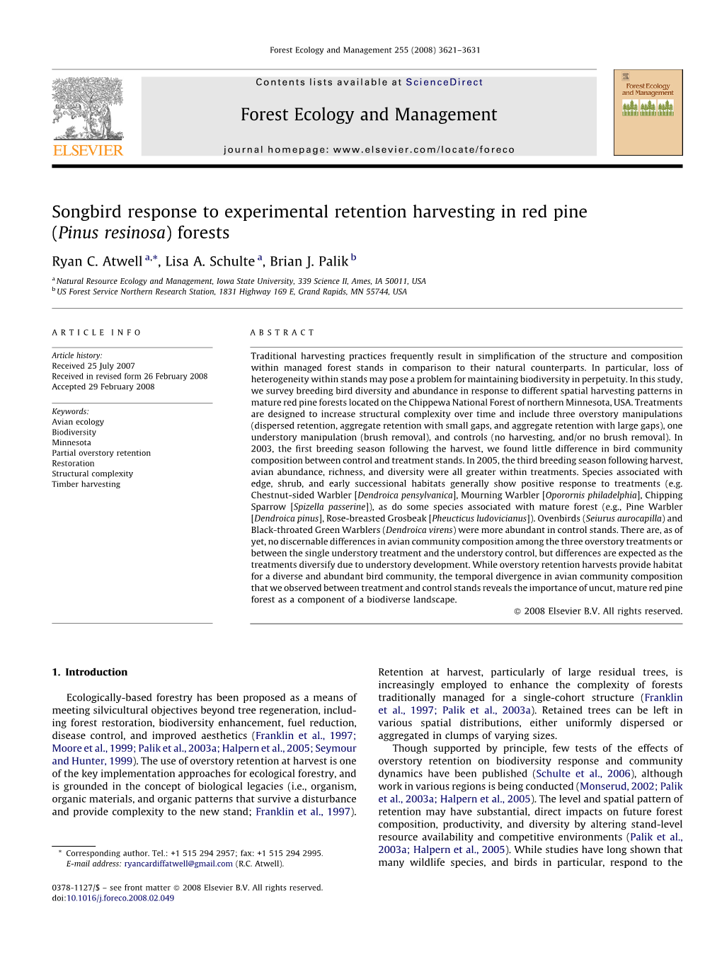 Songbird Response to Experimental Retention Harvesting in Red Pine (Pinus Resinosa) Forests