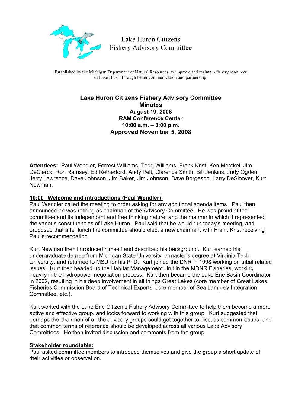 Lake Huron Citizens Fishery Advisory Committee Meeting Minutes