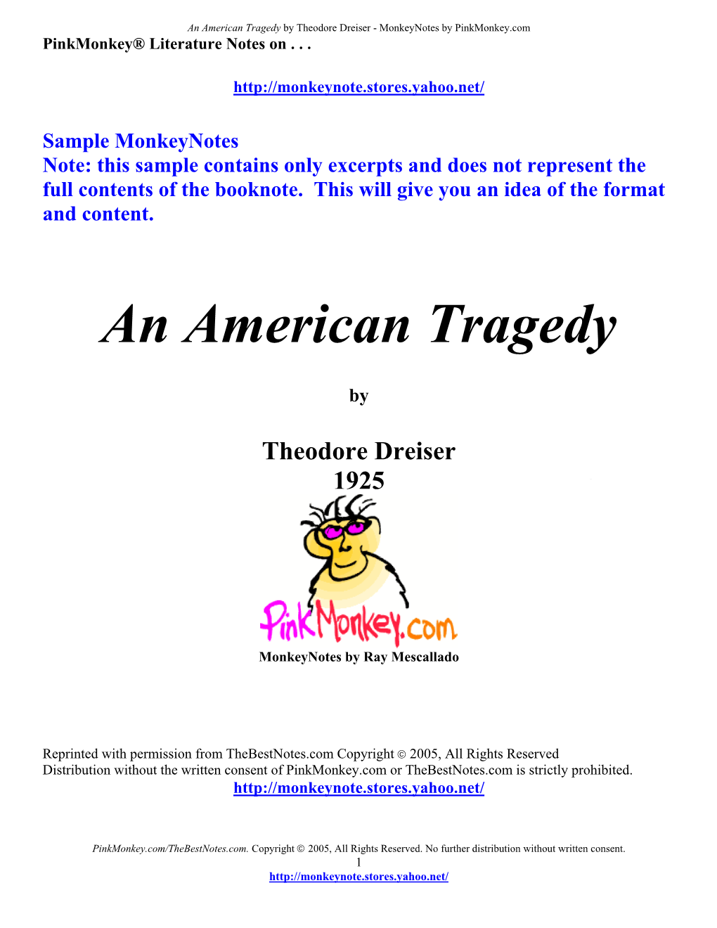 An American Tragedy by Theodore Dreiser - Monkeynotes by Pinkmonkey.Com Pinkmonkey® Literature Notes On