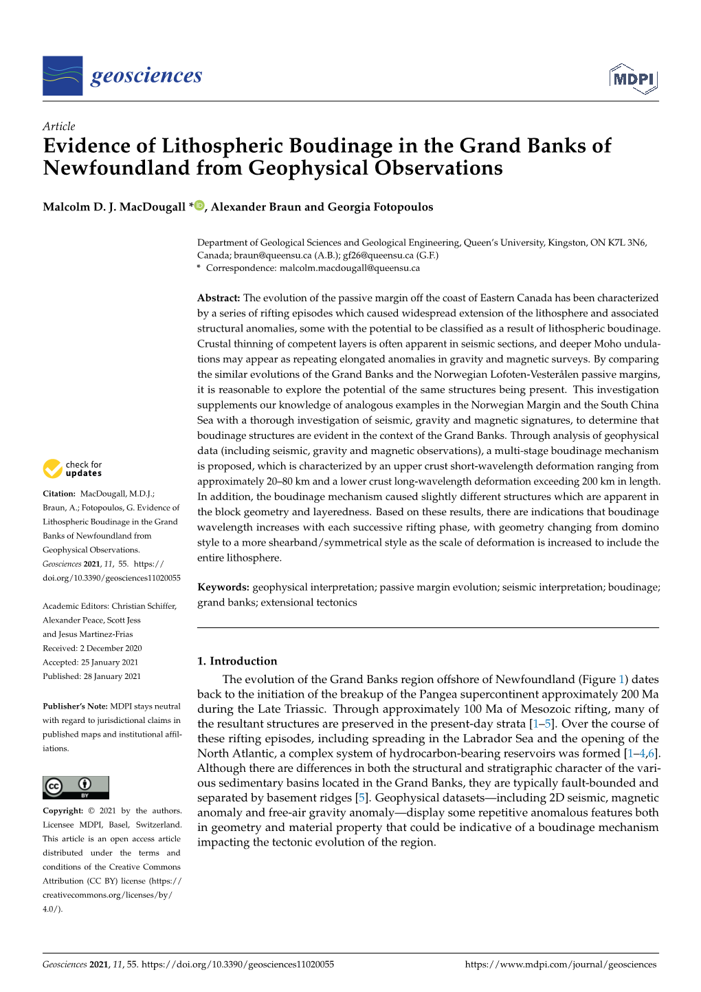 Evidence of Lithospheric Boudinage in the Grand Banks of Newfoundland from Geophysical Observations