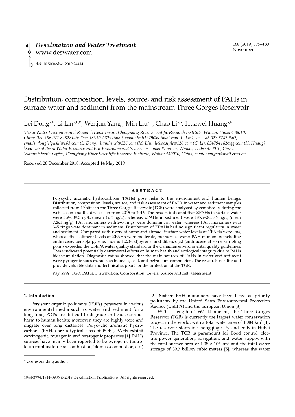 Distribution, Composition, Levels, Source, and Risk Assessment of Pahs in Surface Water and Sediment from the Mainstream Three Gorges Reservoir