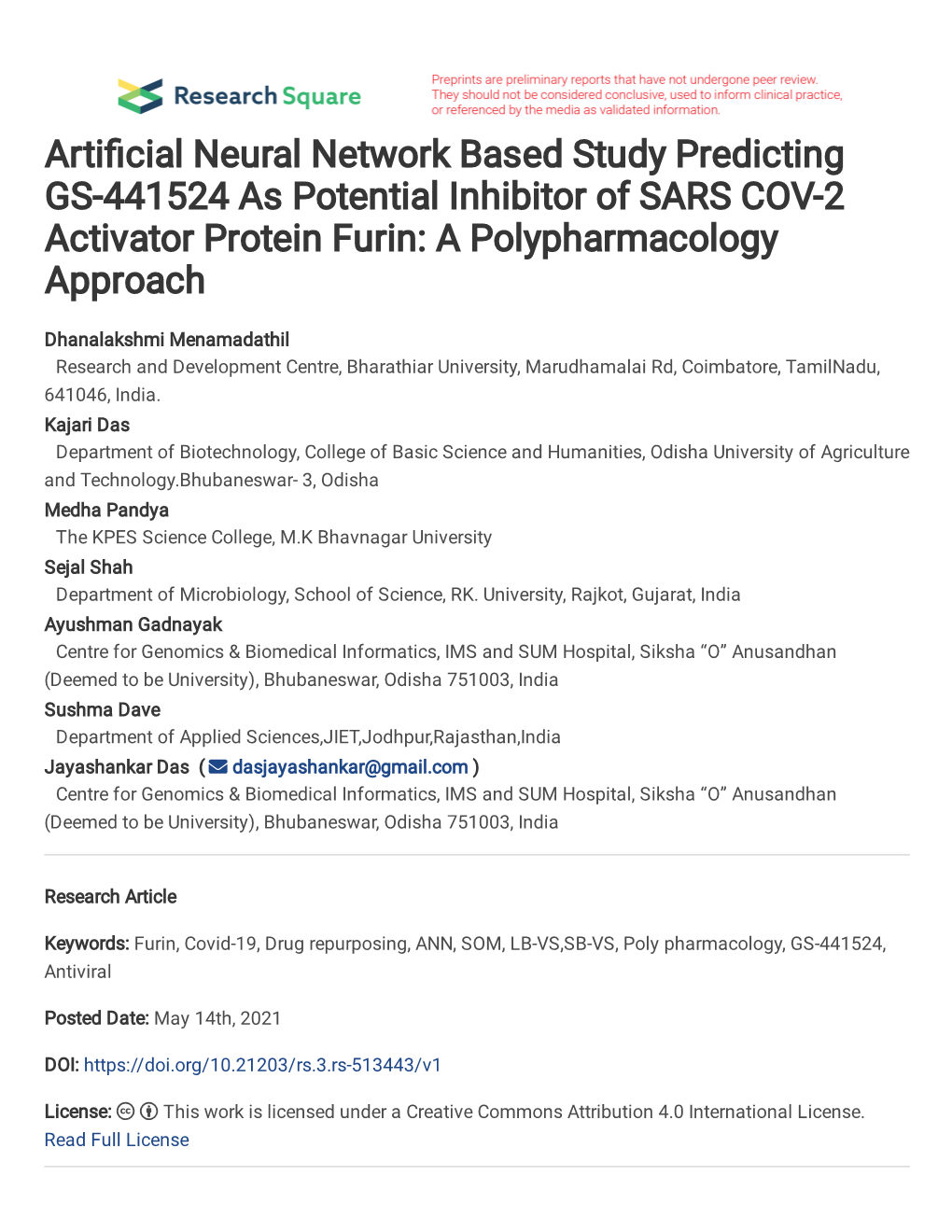 Arti Cial Neural Network Based Study Predicting GS-441524 As Potential Inhibitor of SARS COV-2 Activator Protein Furin