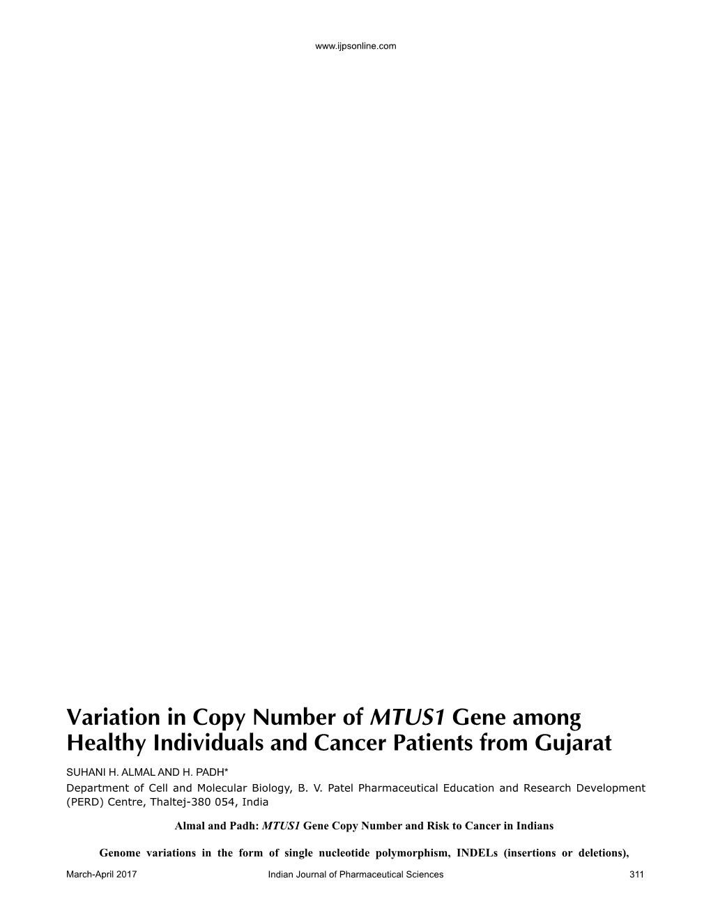 Variation in Copy Number of MTUS1 Gene Among Healthy Individuals and Cancer Patients from Gujarat