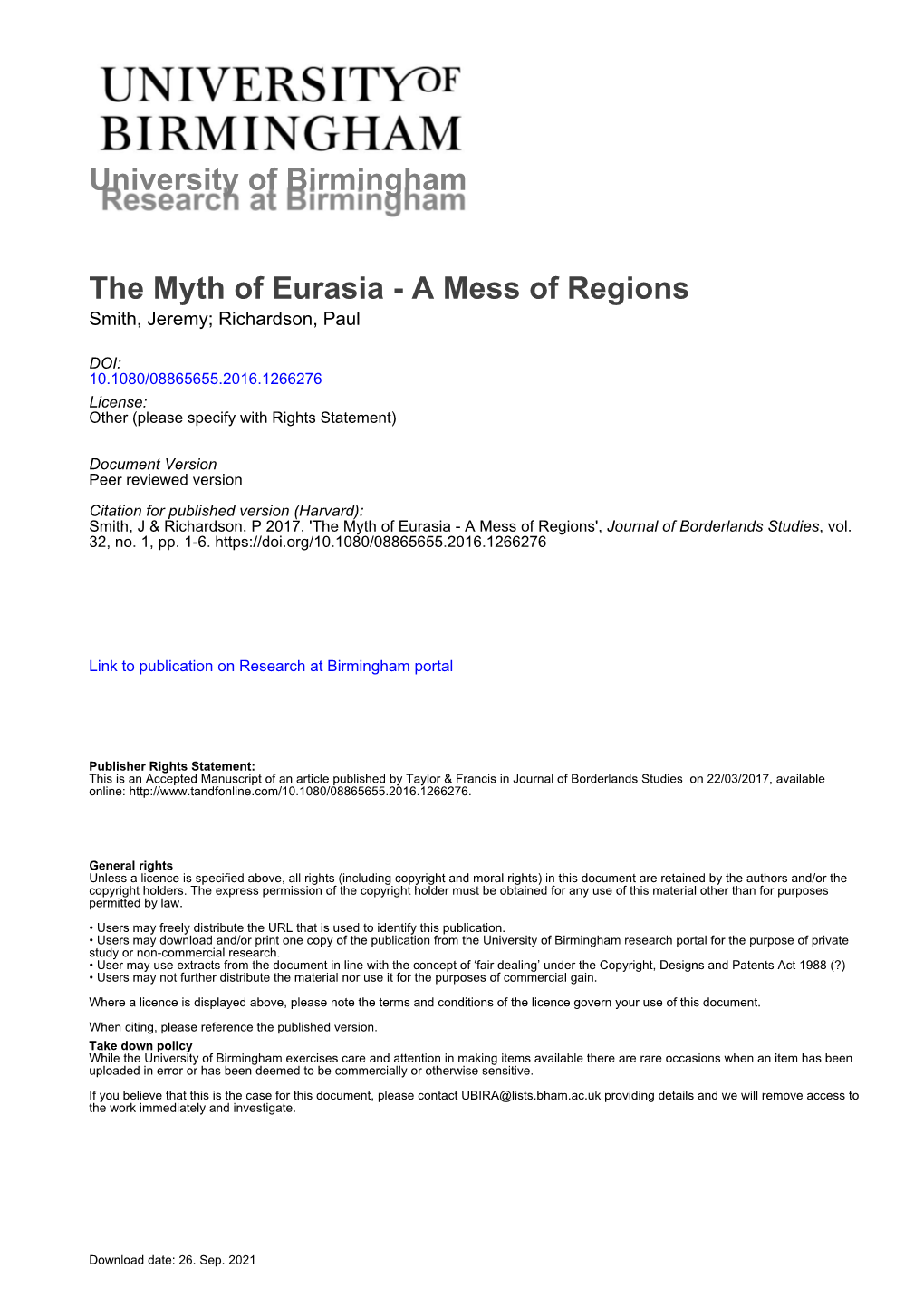 University of Birmingham the Myth of Eurasia