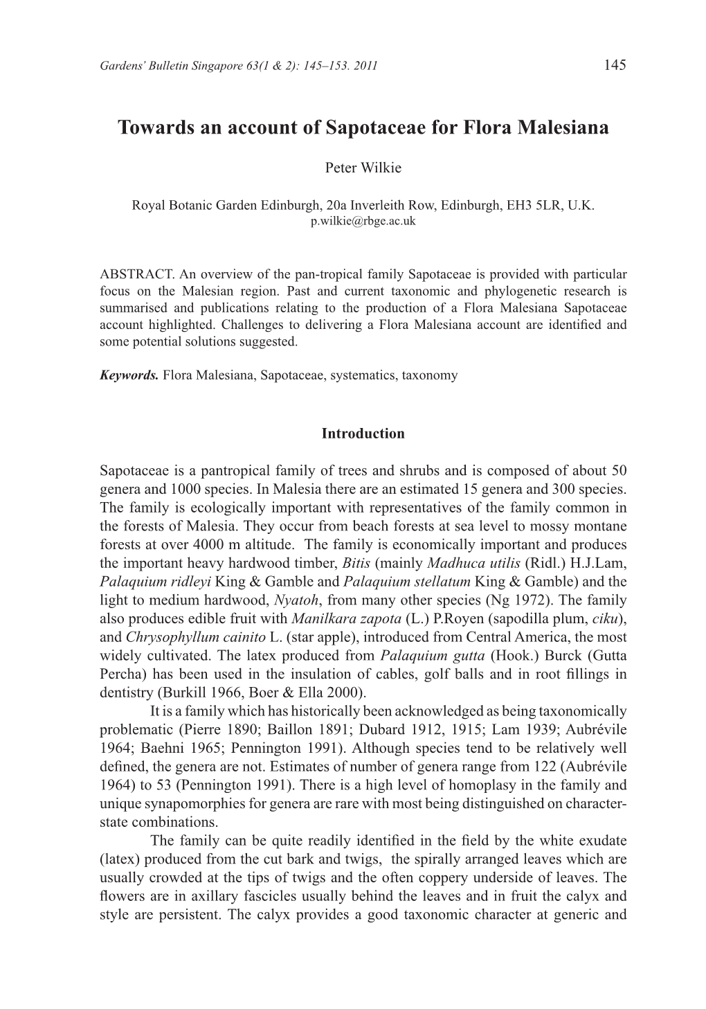 Towards an Account of Sapotaceae for Flora Malesiana