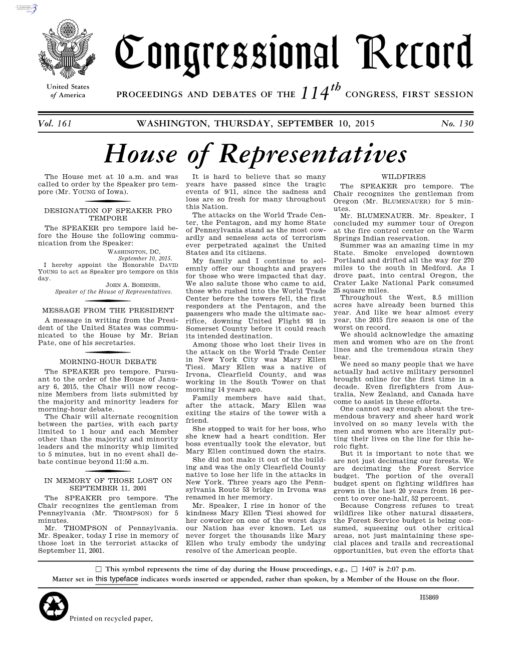 Congressional Record United States Th of America PROCEEDINGS and DEBATES of the 114 CONGRESS, FIRST SESSION