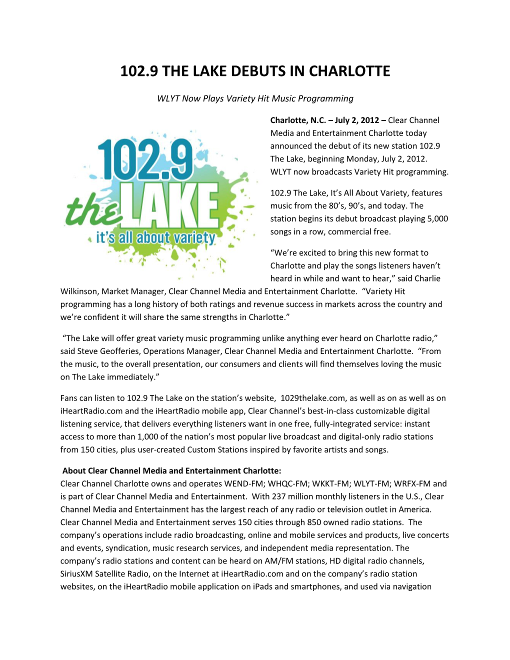 102.9 the Lake Debuts in Charlotte