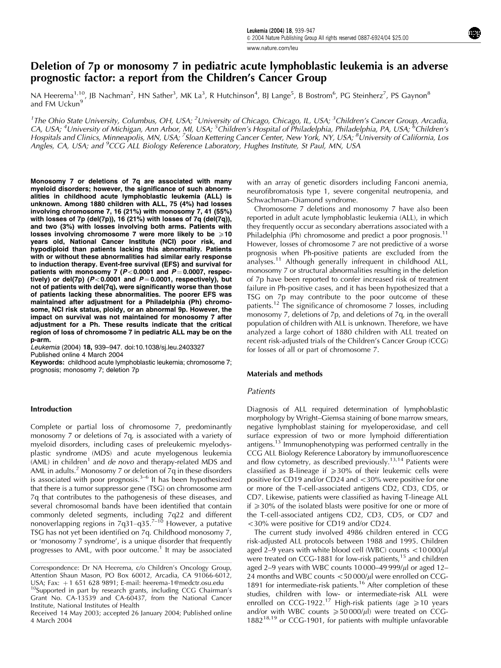 Deletion of 7P Or Monosomy 7 in Pediatric Acute Lymphoblastic Leukemia Is an Adverse Prognostic Factor: a Report from the Children’S Cancer Group