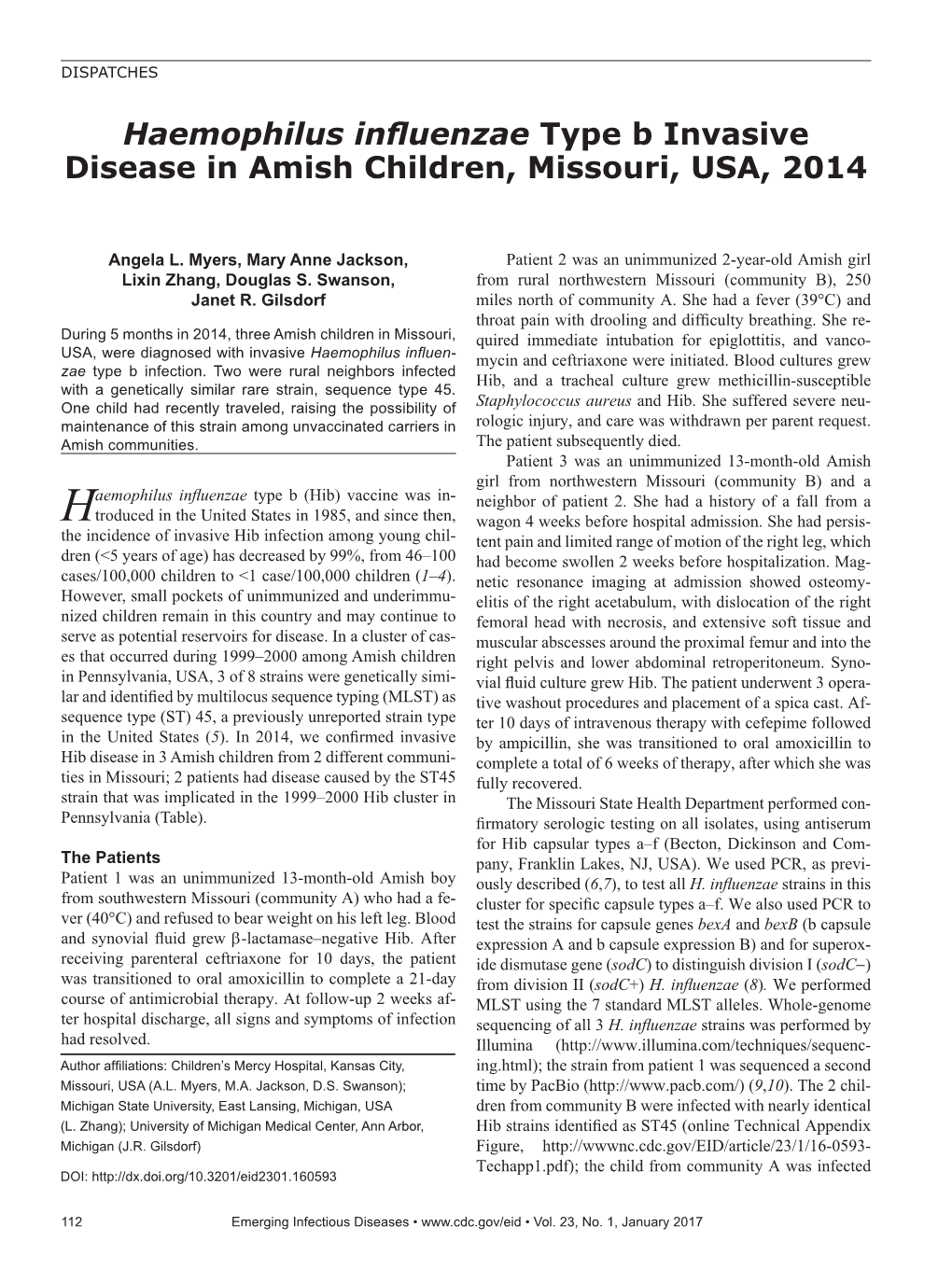 Haemophilus Influenzae Type B Invasive Disease in Amish Children, Missouri, USA, 2014