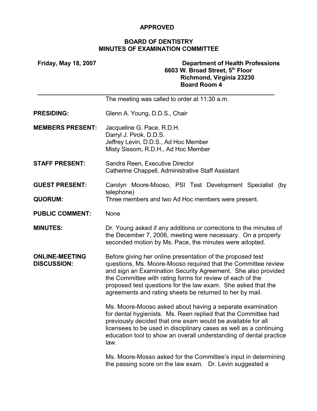 Virginia Board of Dentistry Minutes 05-18-2007