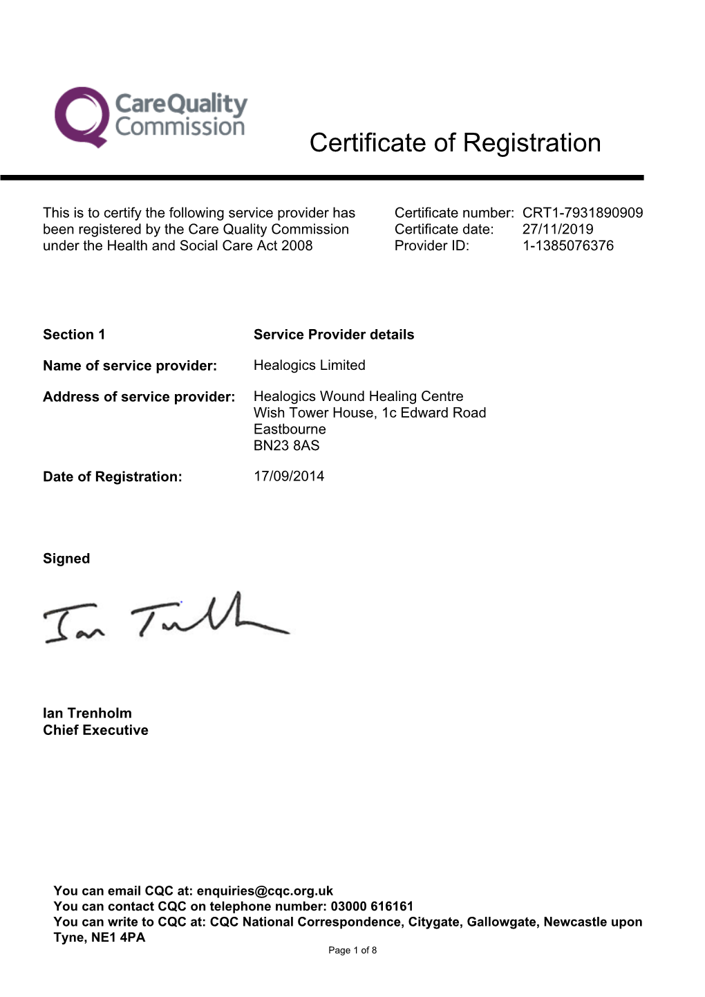 Healogics CQC Registration Certificate