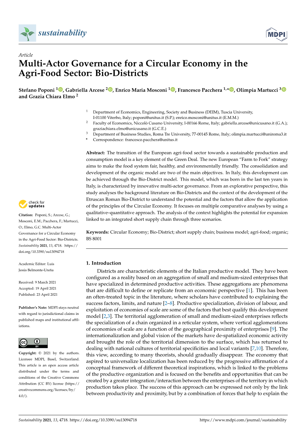 Multi-Actor Governance for a Circular Economy in the Agri-Food Sector: Bio-Districts