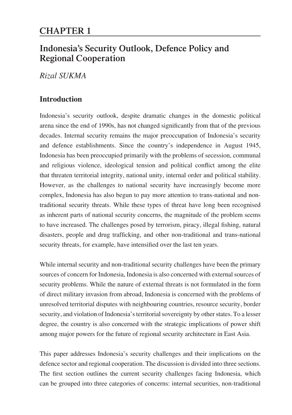 Indonesia's Security Outlook, Defence Policy and Regional Cooperation