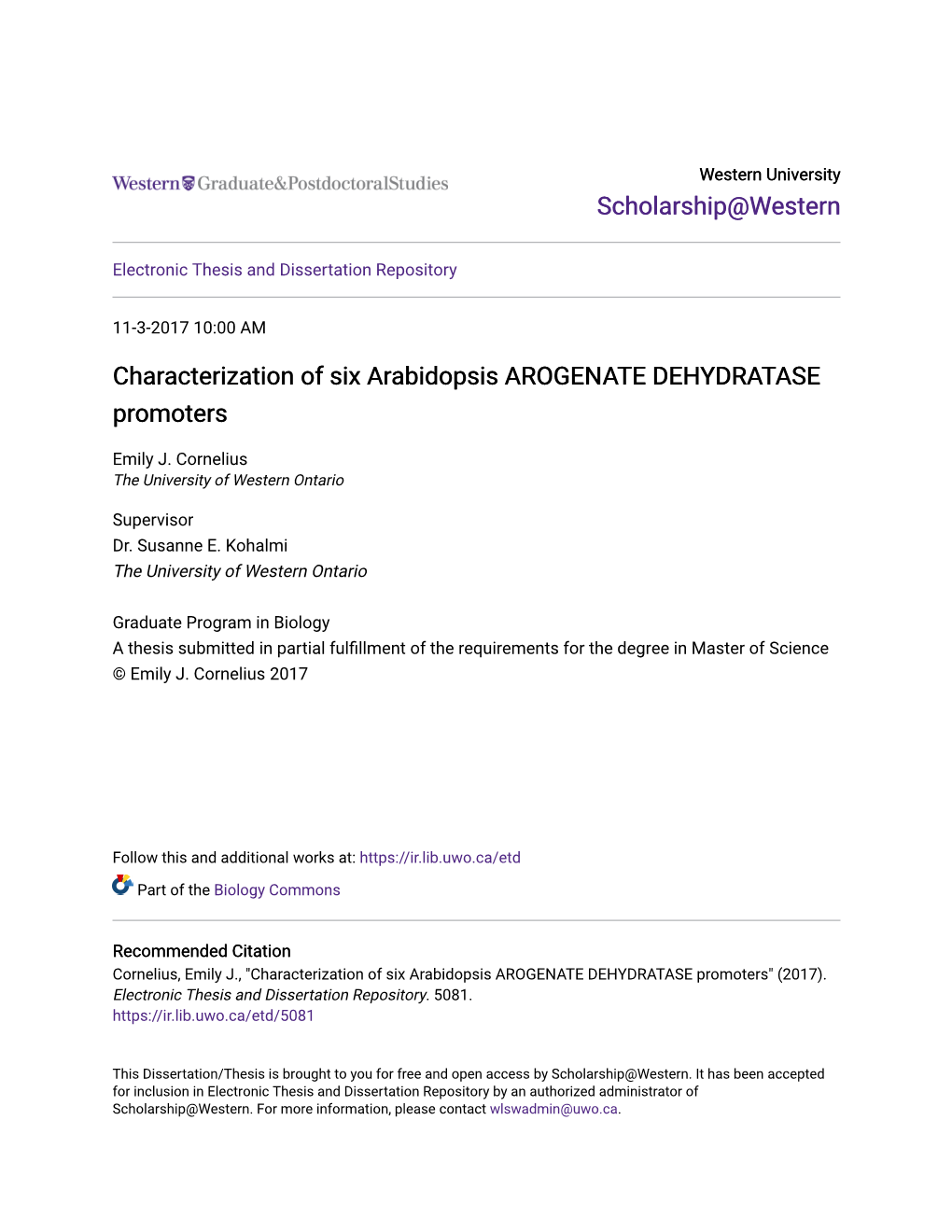 Characterization of Six Arabidopsis AROGENATE DEHYDRATASE Promoters