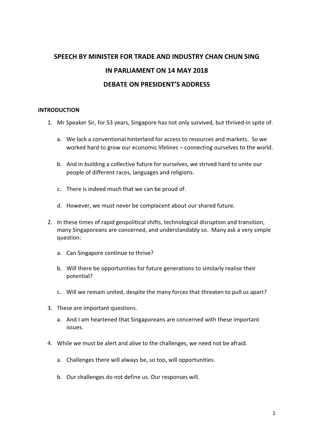 Speech by Minister for Trade and Industry Chan Chun Sing in Parliament on 14 May 2018 Debate on President’S Address