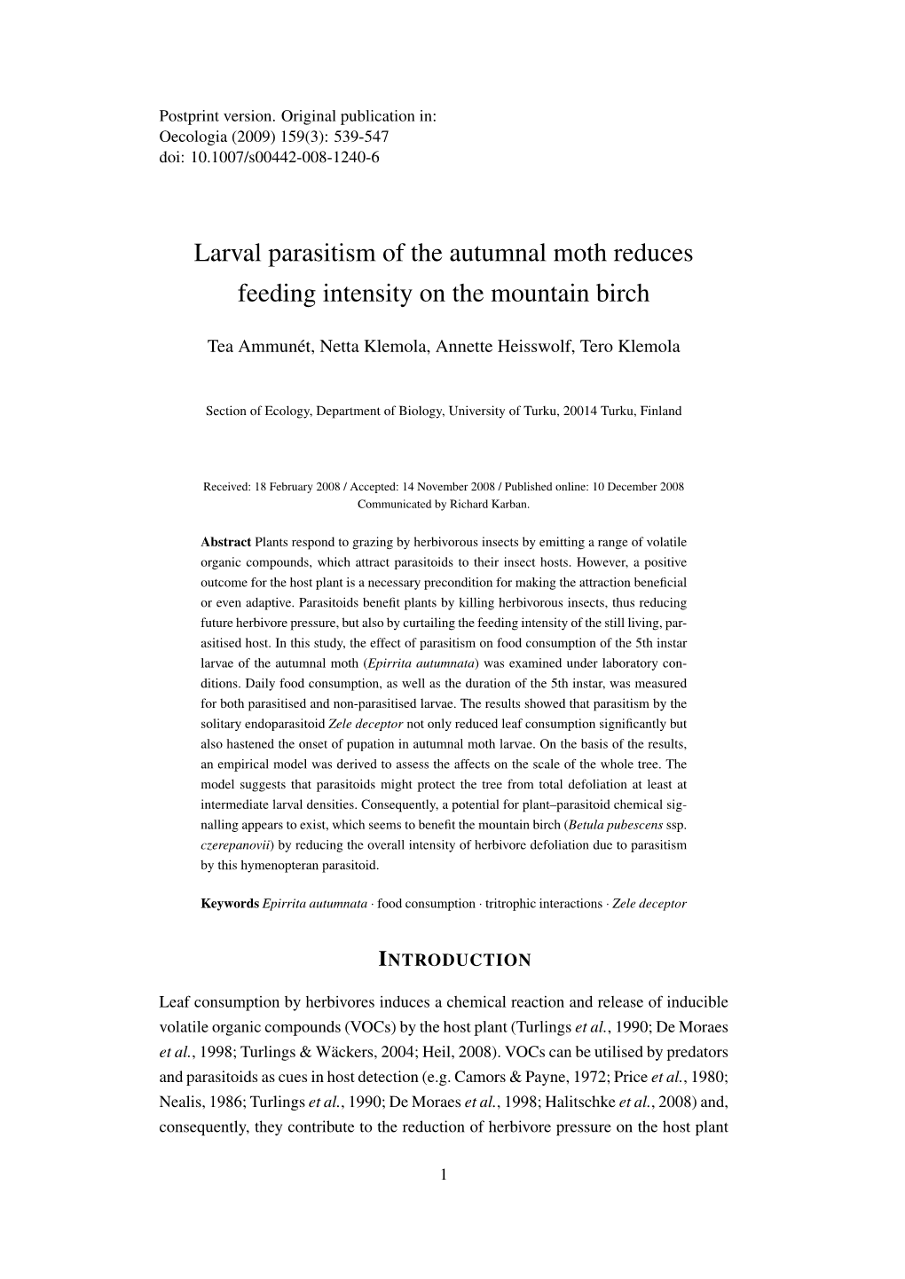 Larval Parasitism of the Autumnal Moth Reduces Feeding Intensity on the Mountain Birch