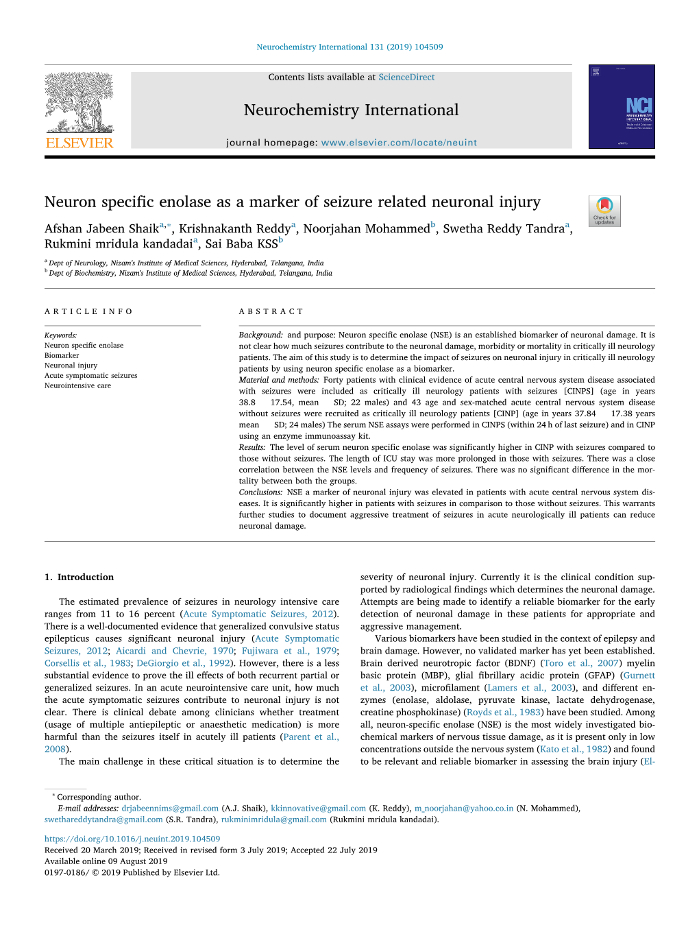 Neuron Specific Enolase As a Marker of Seizure Related Neuronal Injury