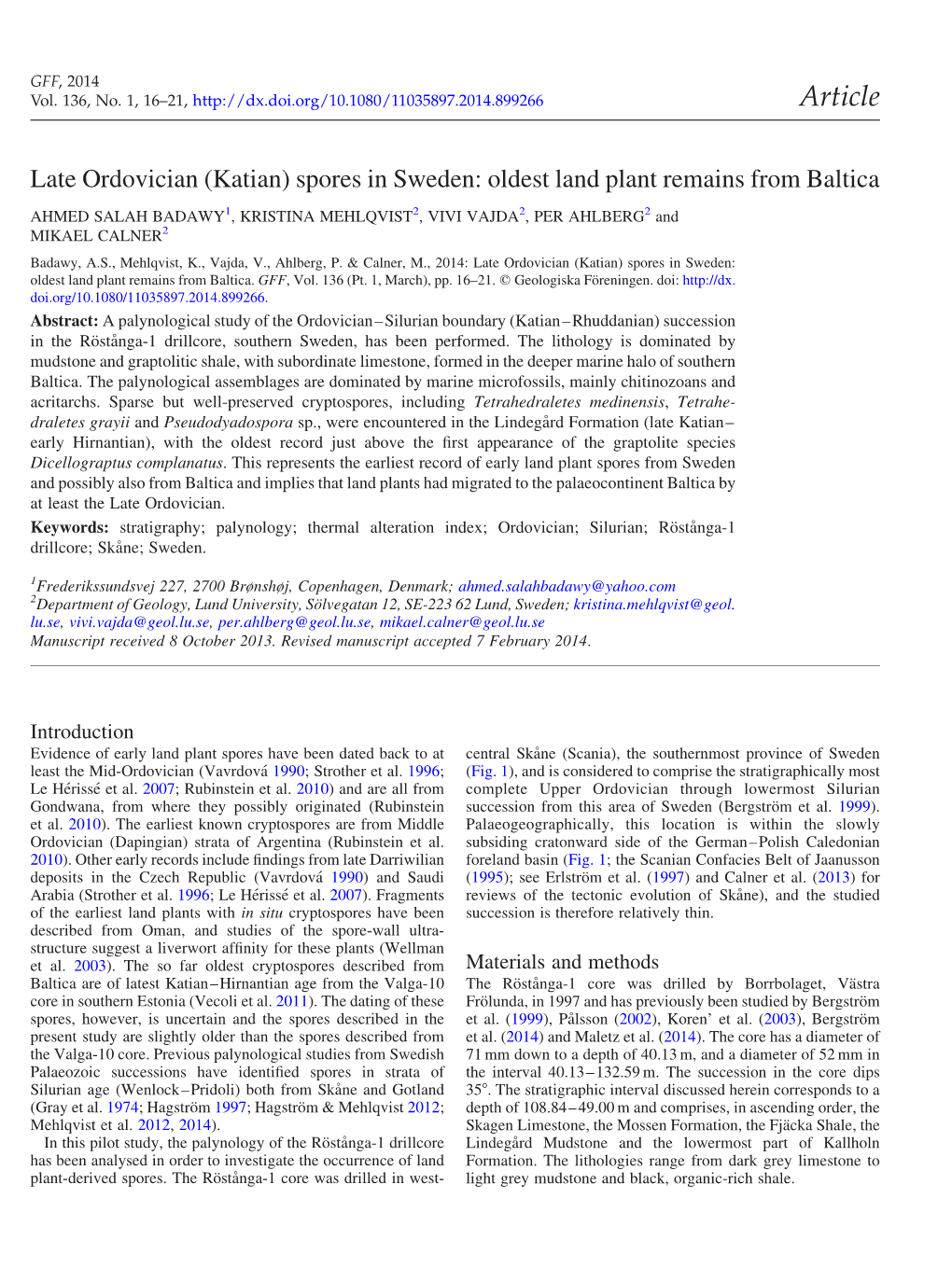 (Katian) Spores in Sweden: Oldest Land Plant Remains from Baltica