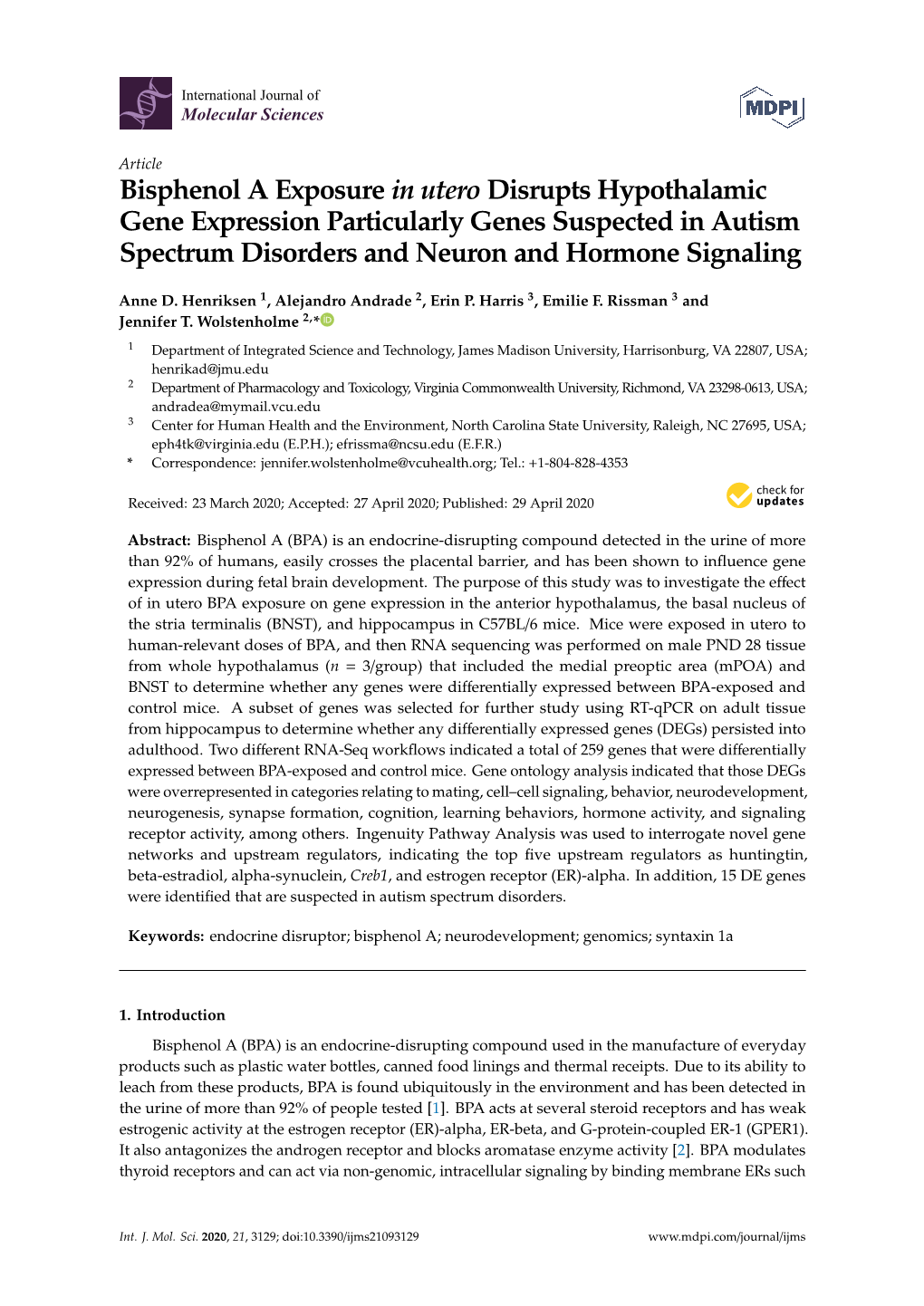 Bisphenol a Exposure in Utero Disrupts Hypothalamic Gene Expression Particularly Genes Suspected in Autism Spectrum Disorders and Neuron and Hormone Signaling