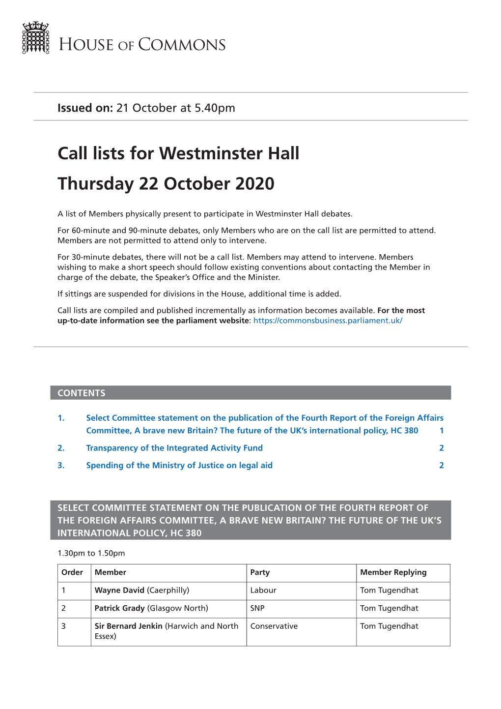 Call List for Thu 22 Oct 2020