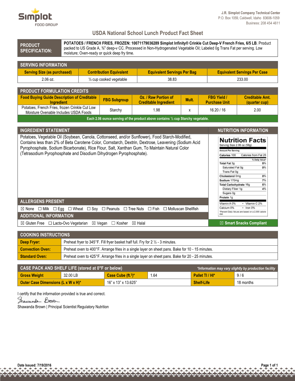 USDA National School Lunch Product Fact Sheet