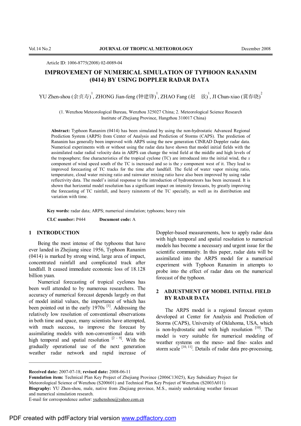 Improvement of Numerical Simulation of Typhoon Rananim (0414) by Using Doppler Radar Data