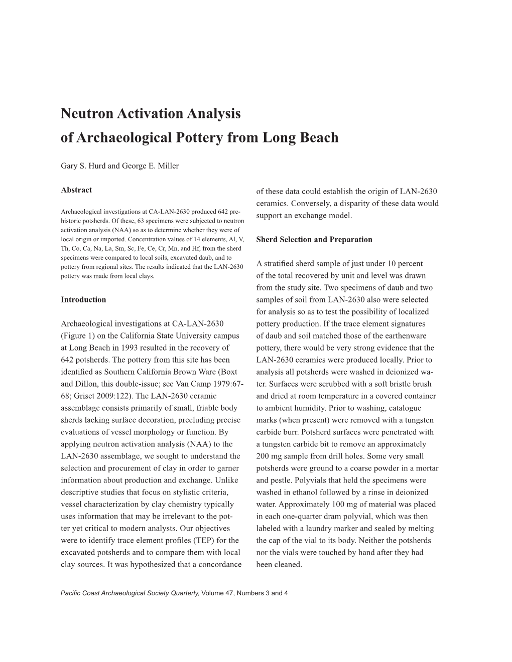 Neutron Activation Analysis of Archaeological Pottery from Long Beach