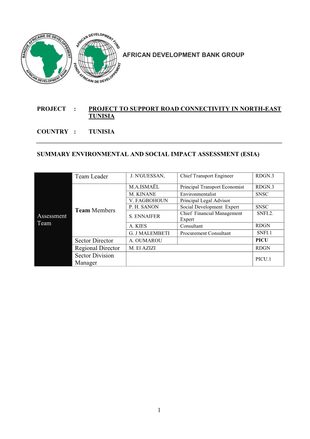 Project to Support Road Connectivity in North-East Tunisia – ESIA Summary