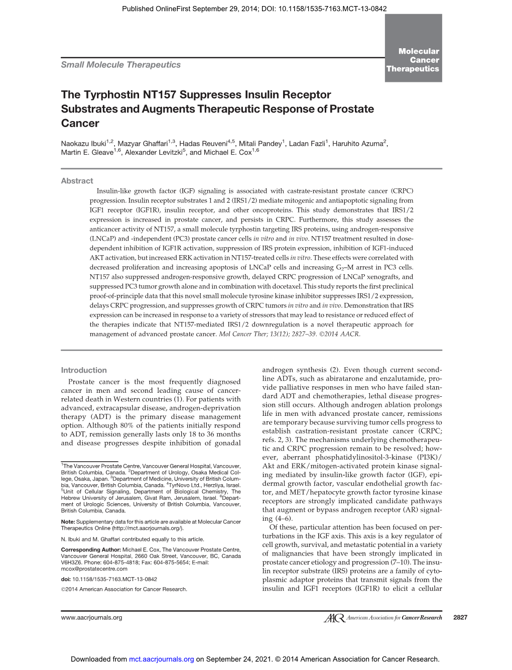 The Tyrphostin NT157 Suppresses Insulin Receptor Substrates and Augments Therapeutic Response of Prostate Cancer