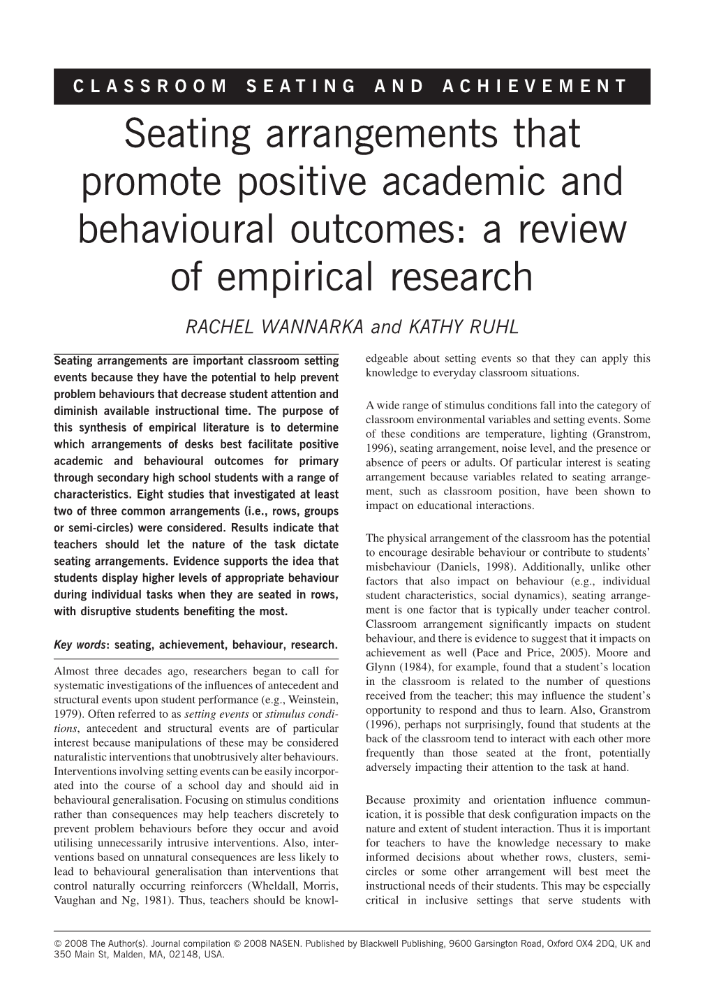 Seating Arrangements That Promote Positive Academic and Behavioural Outcomes: a Review of Empirical Research