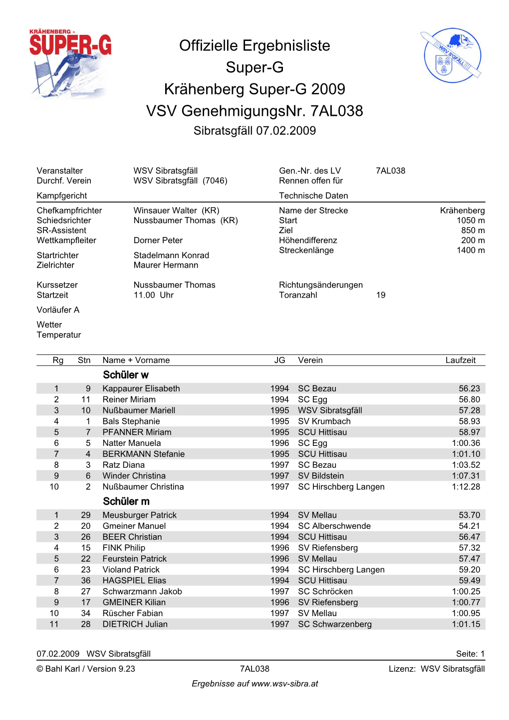 Offizielle Ergebnisliste Super-G Krähenberg Super-G 2009 VSV Genehmigungsnr