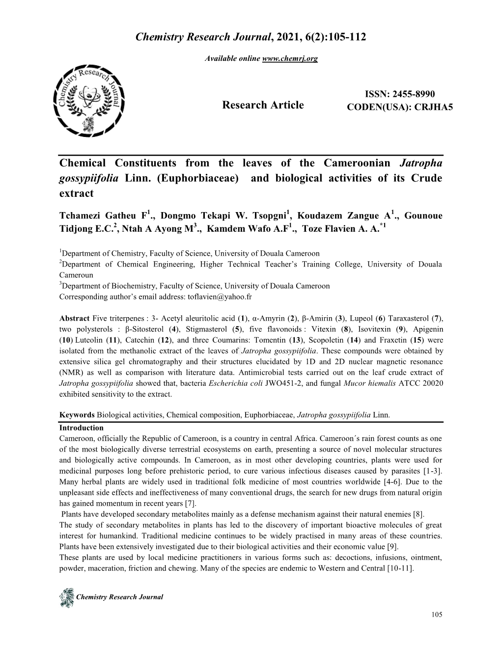 Chemistry Research Journal, 2021, 6(2):105-112