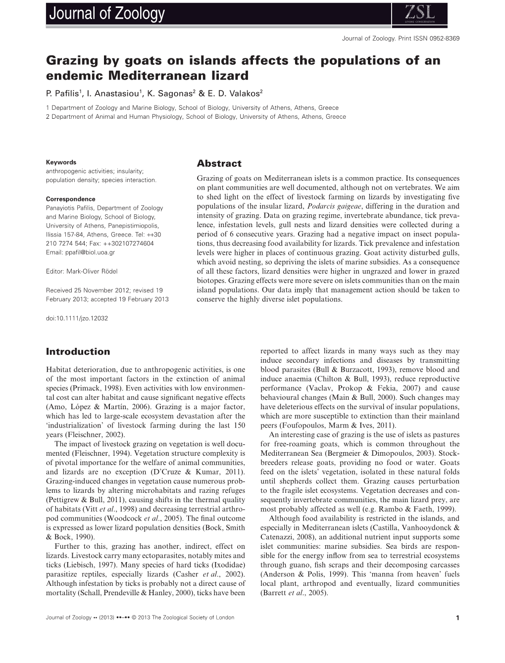 Grazing by Goats on Islands Affects the Populations of an Endemic Mediterranean Lizard P