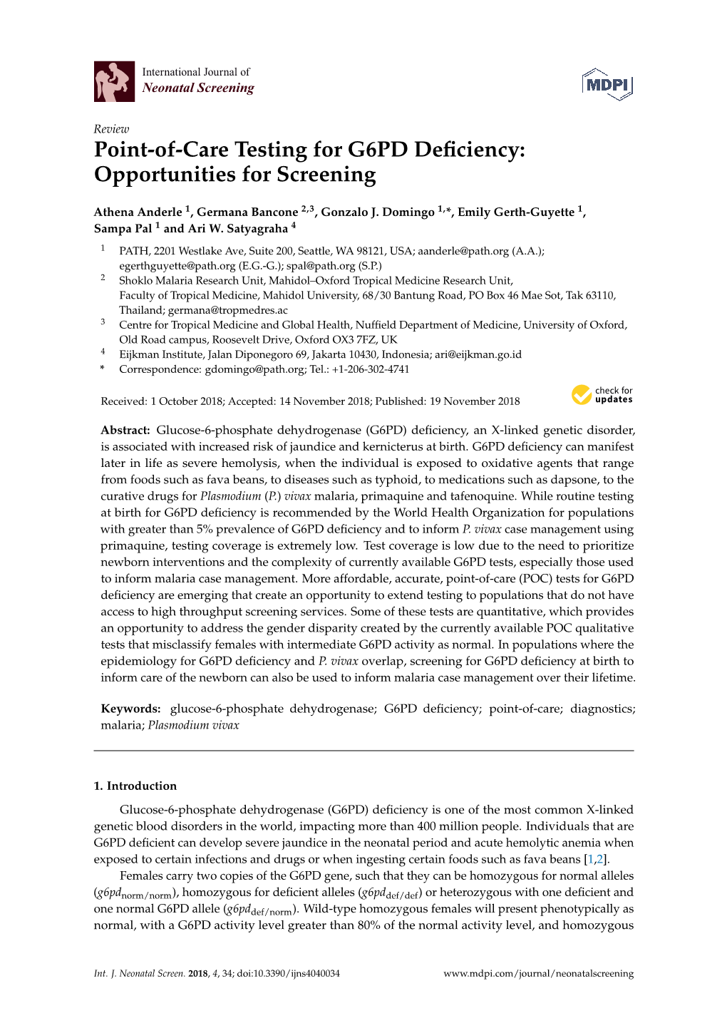 Point-Of-Care Testing for G6PD Deficiency