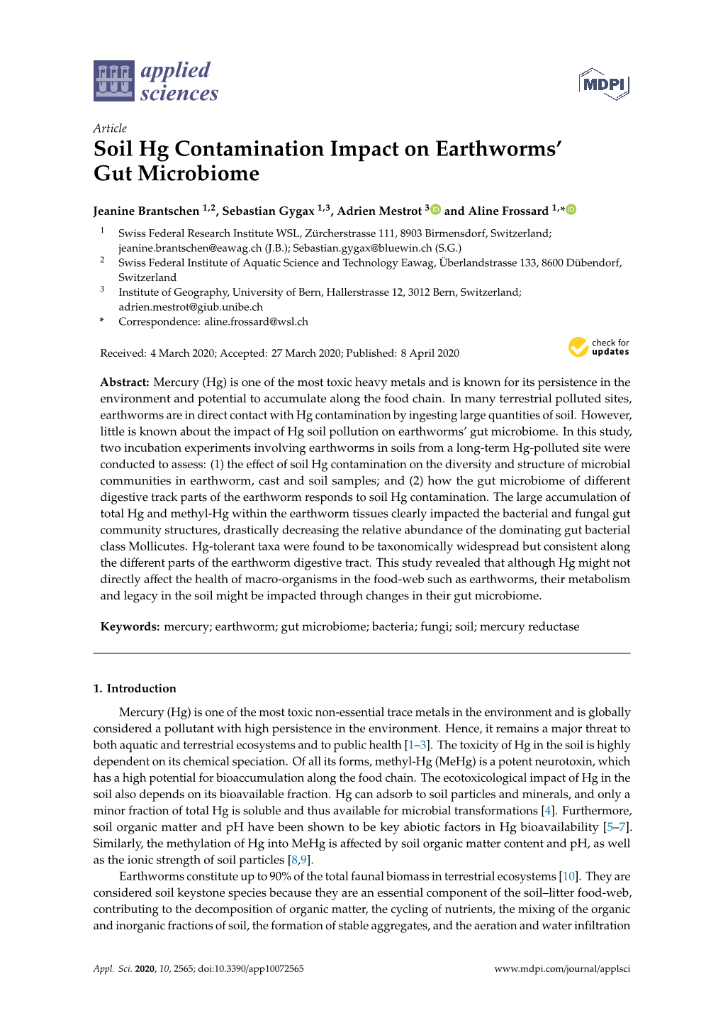 Soil Hg Contamination Impact on Earthworms' Gut Microbiome