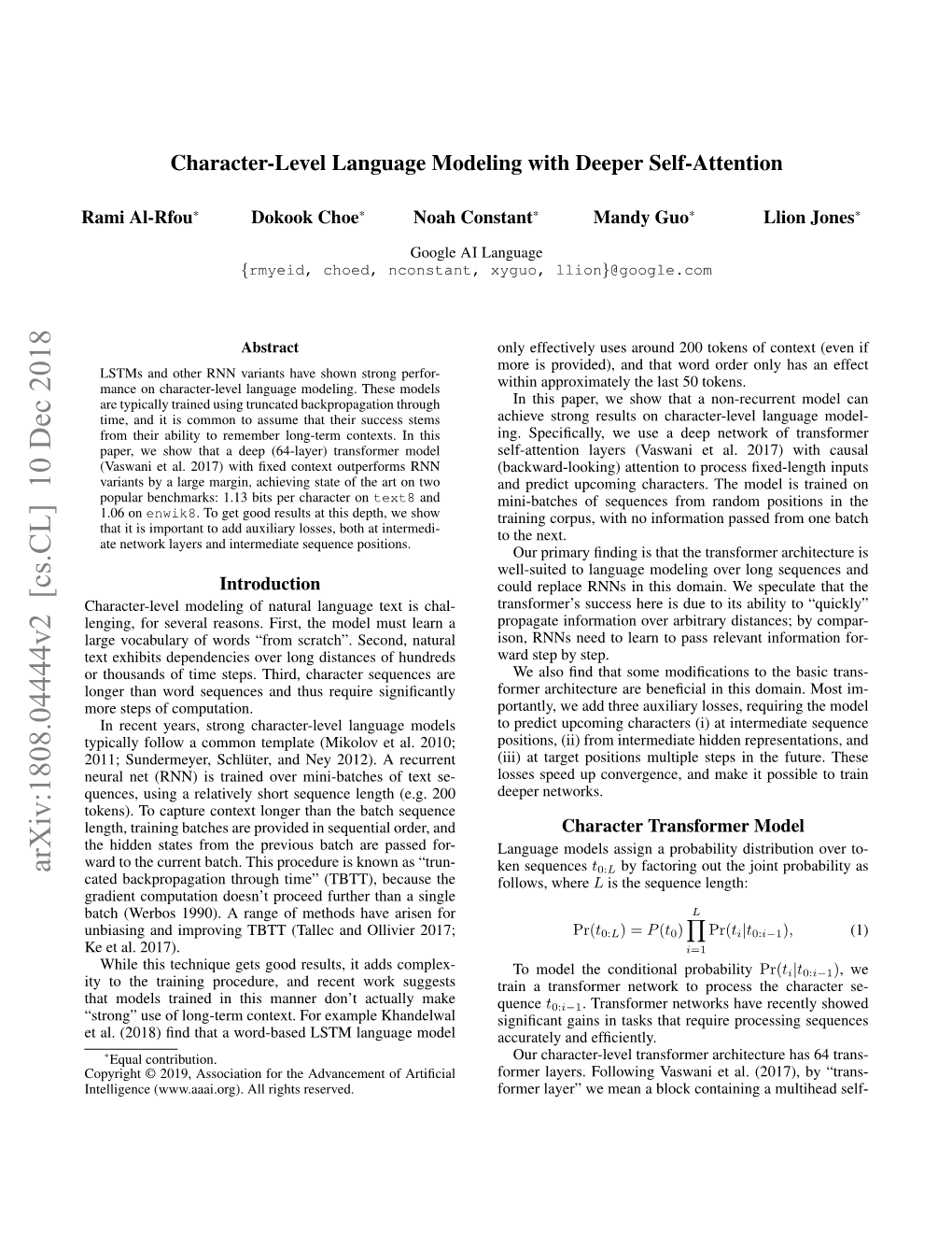 Character-Level Language Modeling with Deeper Self-Attention