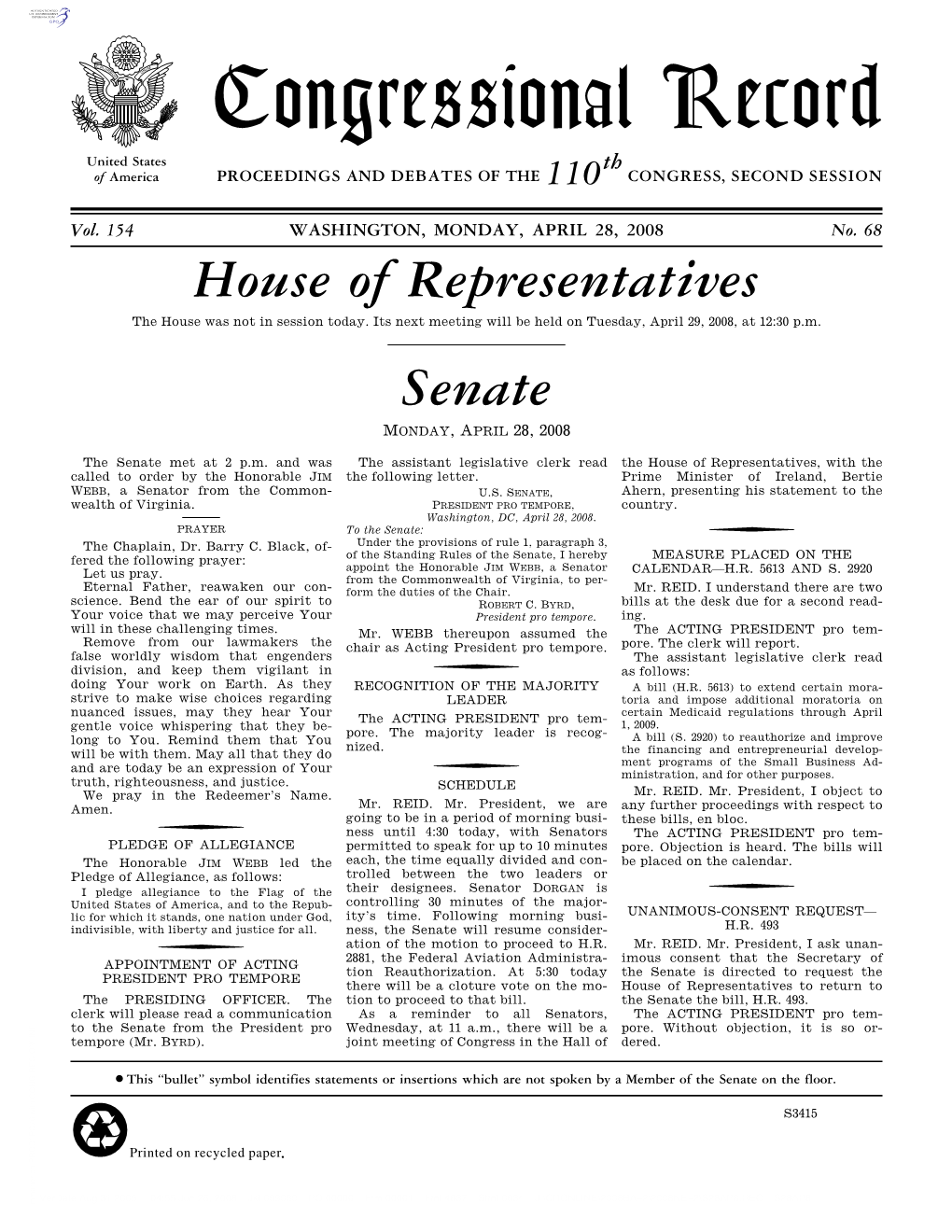 Congressional Record United States Th of America PROCEEDINGS and DEBATES of the 110 CONGRESS, SECOND SESSION