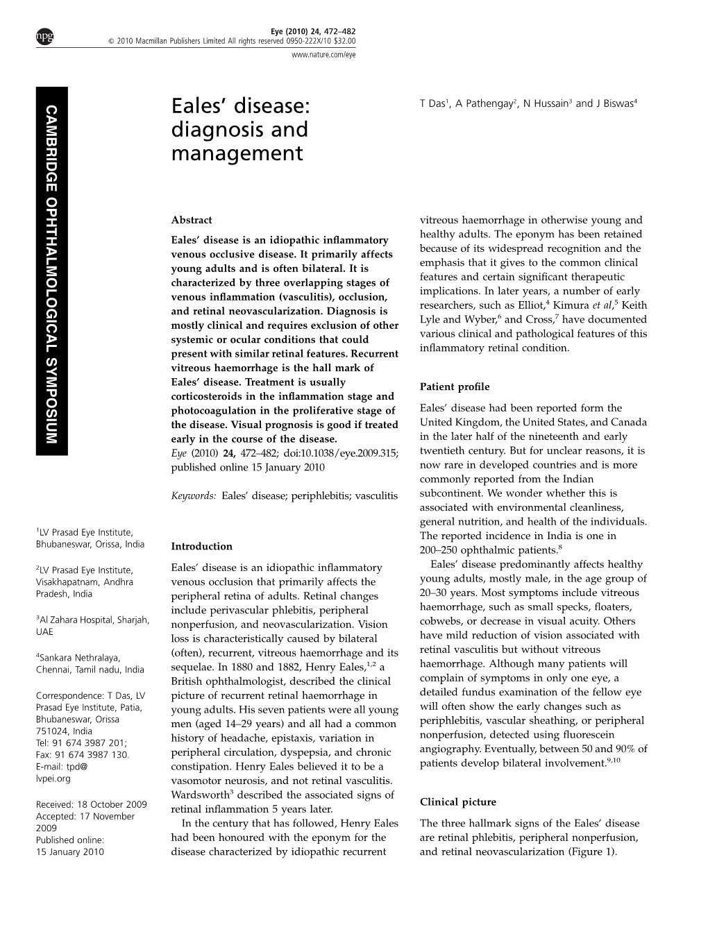 Eales&Rsquo; Disease: Diagnosis and Management