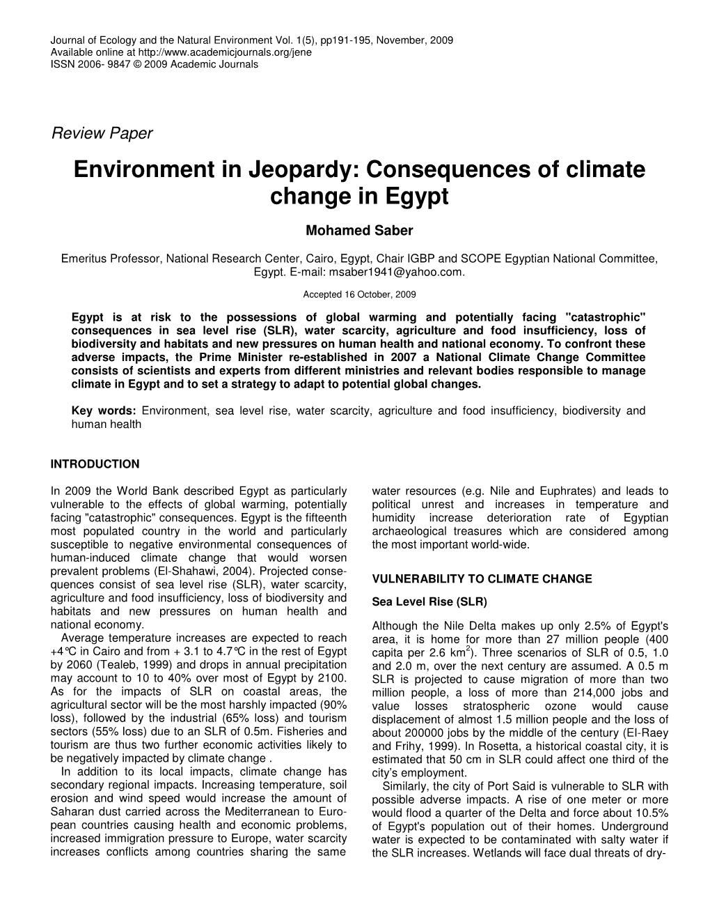 Consequences of Climate Change in Egypt