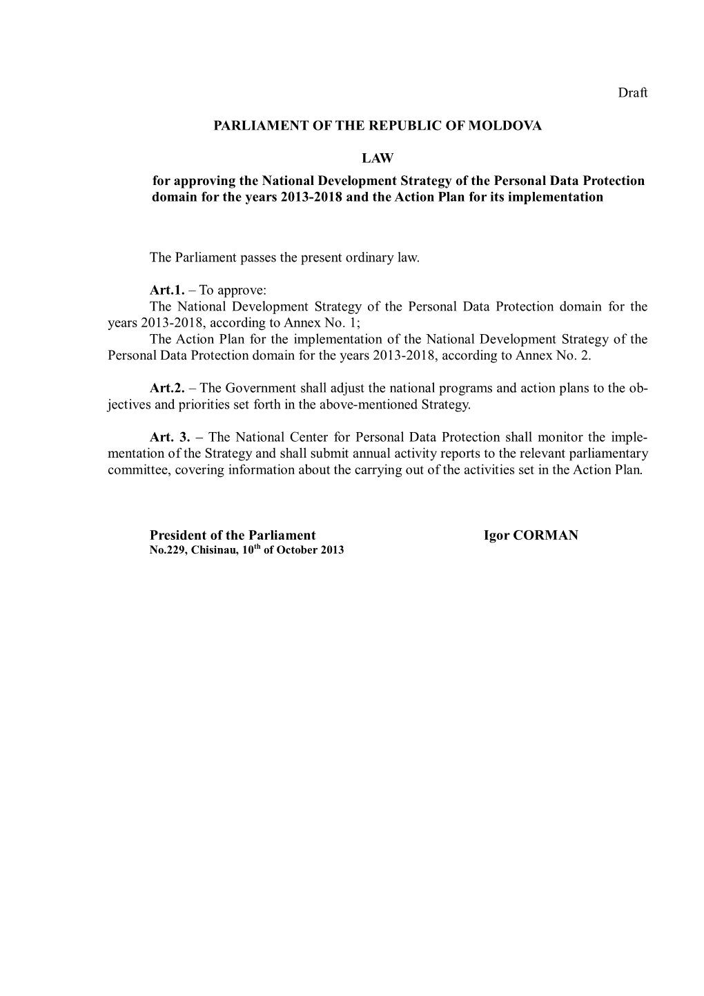 Draft PARLIAMENT of the REPUBLIC of MOLDOVA LAW For