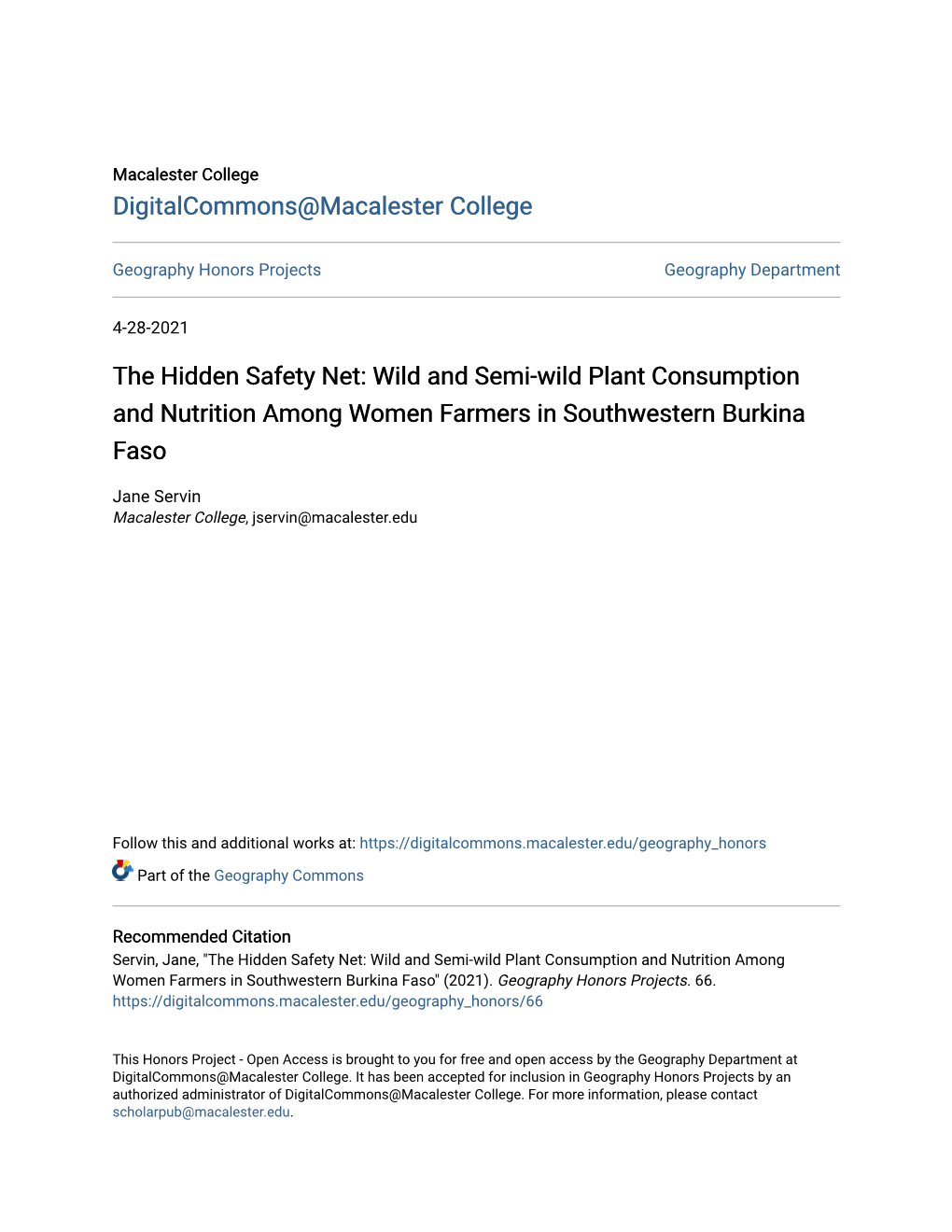 Wild and Semi-Wild Plant Consumption and Nutrition Among Women Farmers in Southwestern Burkina Faso