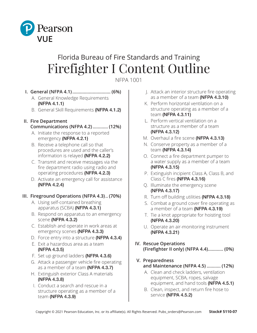 Florida Bureau of Fire Standards and Training Firefighter I Content Outline NFPA 1001